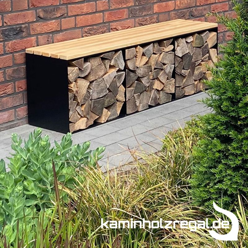 Gartenbank als Kaminholzregal 150 cm schwarz